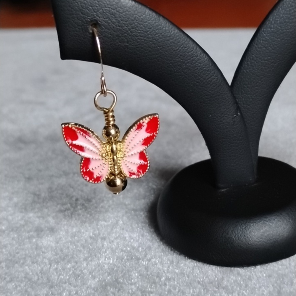 Hand Crafted Red And Pink Gold Butterfly Earrings - Picture 2 of 5